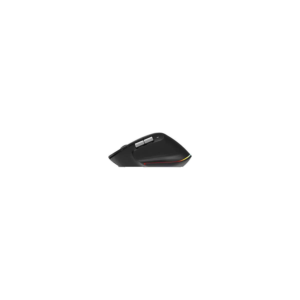 Schwarze, ergonomisch geformte kabellose PC-Maus mit silbernen Seitentasten und einem farbigen Lichtstreifen am Heck.