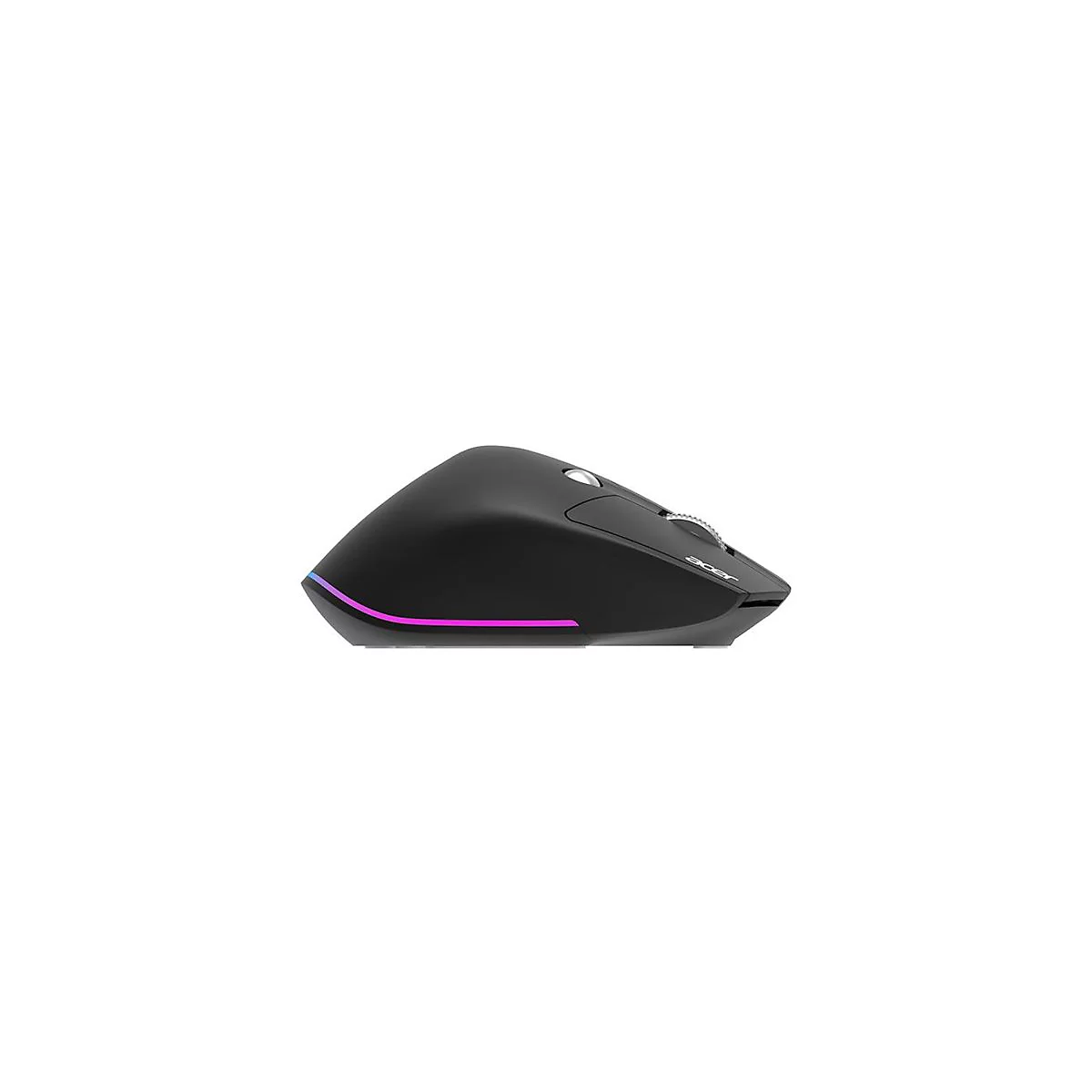 Schwarze kabellose Acer-Maus in Seitenansicht mit leuchtendem RGB-Lichtstreifen am unteren Rand.