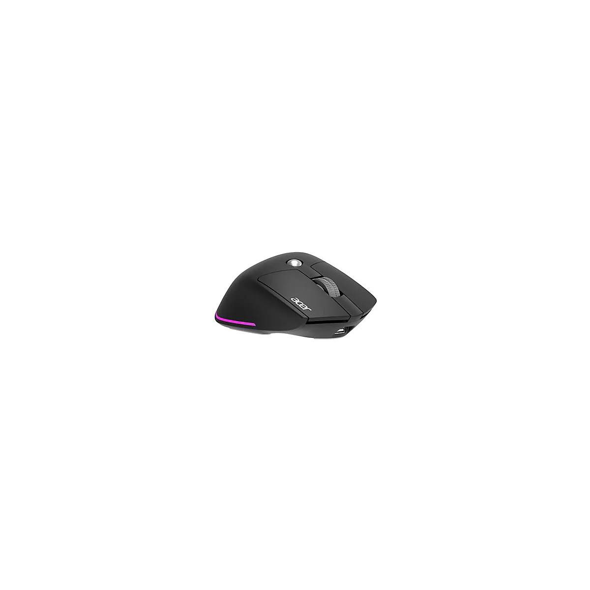 Schwarze kabellose Acer-Gaming-Maus mit LED-Beleuchtung und Mausrad vor weißem Hintergrund.