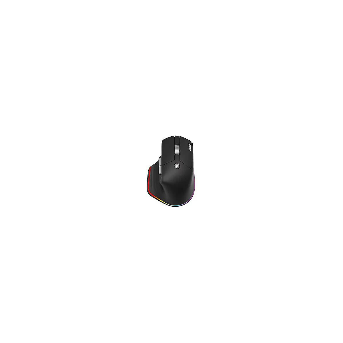 Schwarze kabellose Acer Gaming-Maus mit RGB-Beleuchtung und silbernem Scrollrad vor weißem Hintergrund.