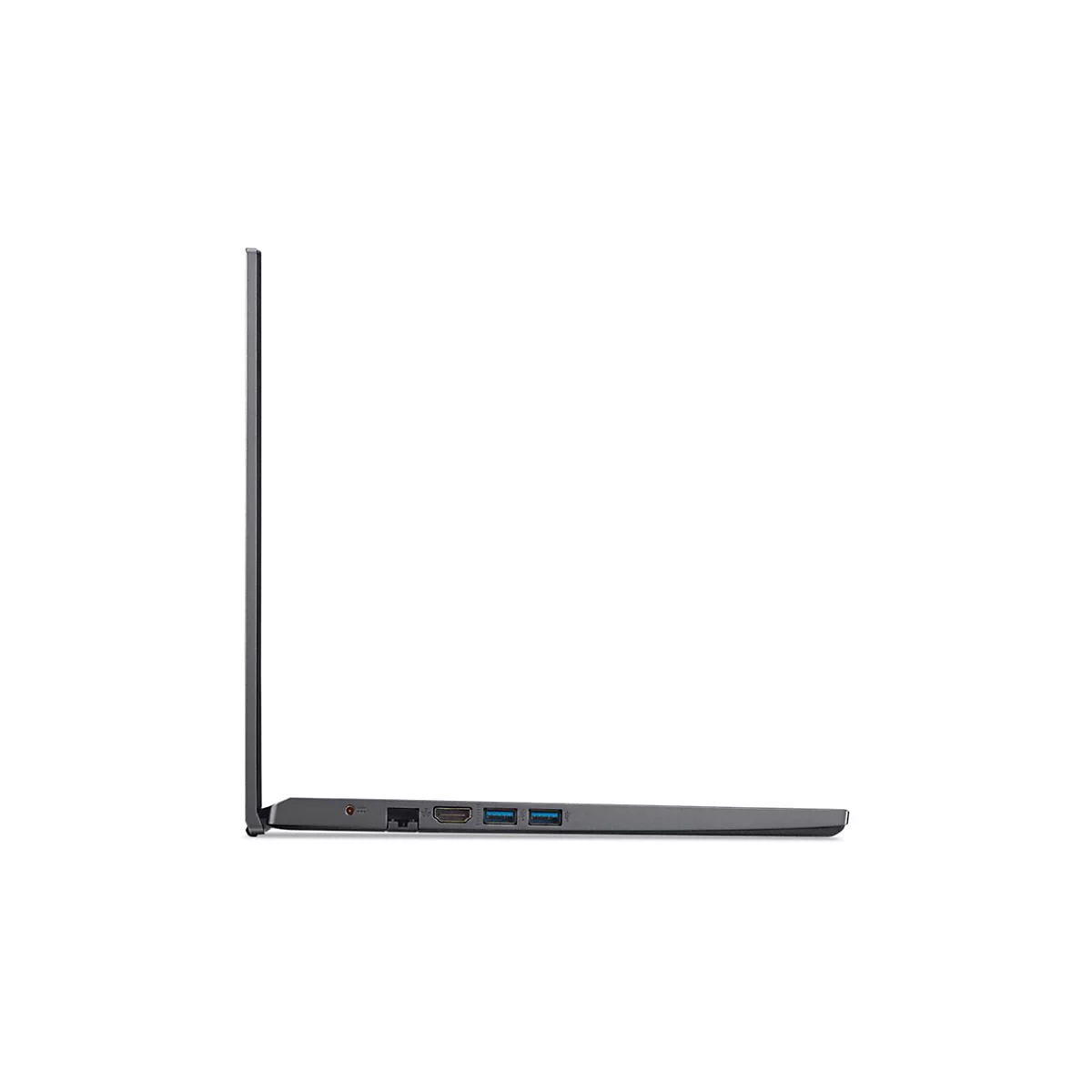 Ein Laptop von der Seite gesehen. Graues GehÃ¤use, schwarzer Bildschirm, blaue AnschlÃ¼sse.