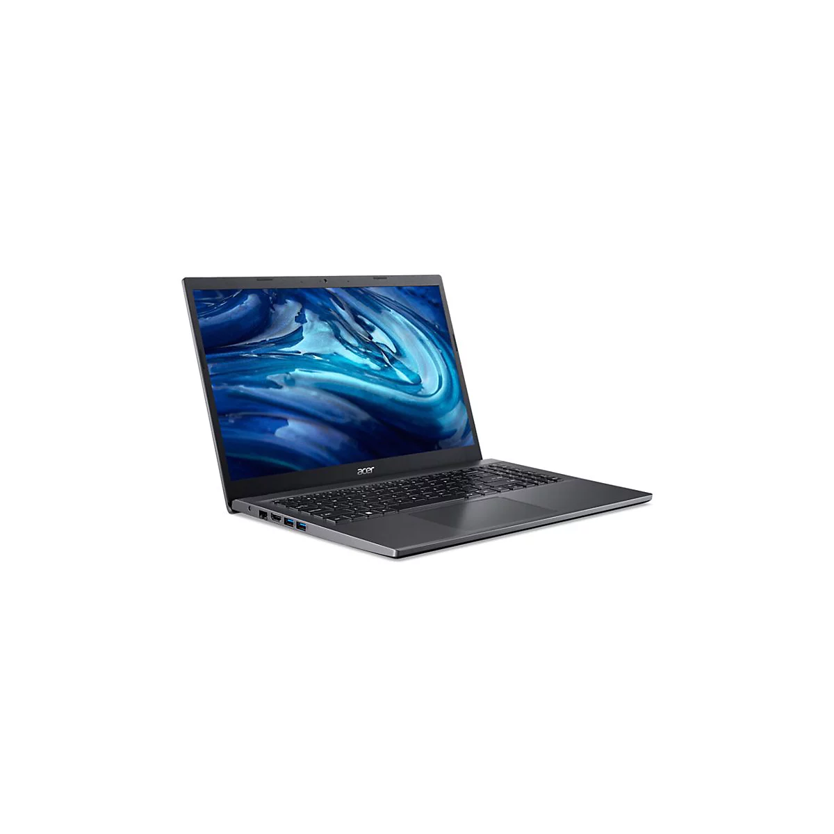 Dunkelgrauer Laptop, geÃ¶ffnet. Auf dem Bildschirm blaue Wirbel, Acer-Logo.