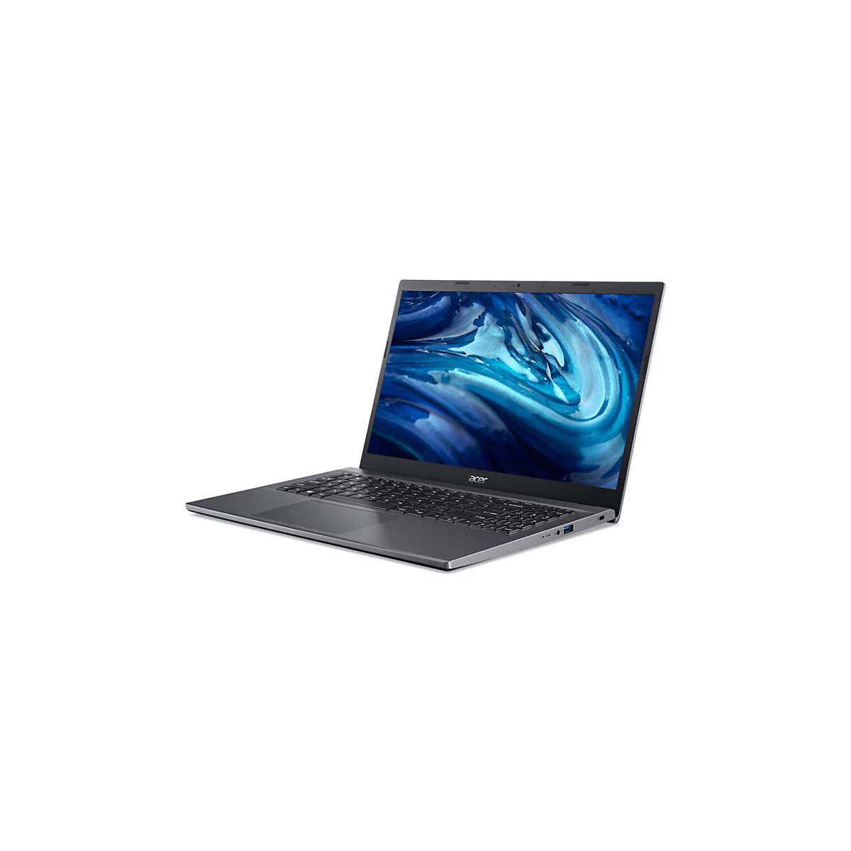 Ein silberner Laptop steht diagonal, der Bildschirm zeigt blaues Muster. Acer Logo.