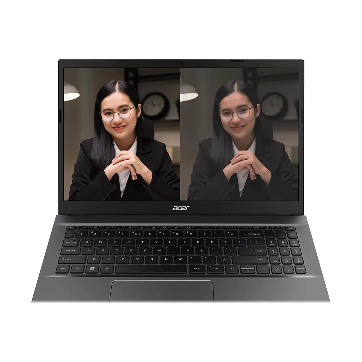 Grauer Laptop zeigt zwei Videoanrufe mit lÃ¤chelnder Frau im Anzug. Tastatur, Acer-Logo sichtbar.