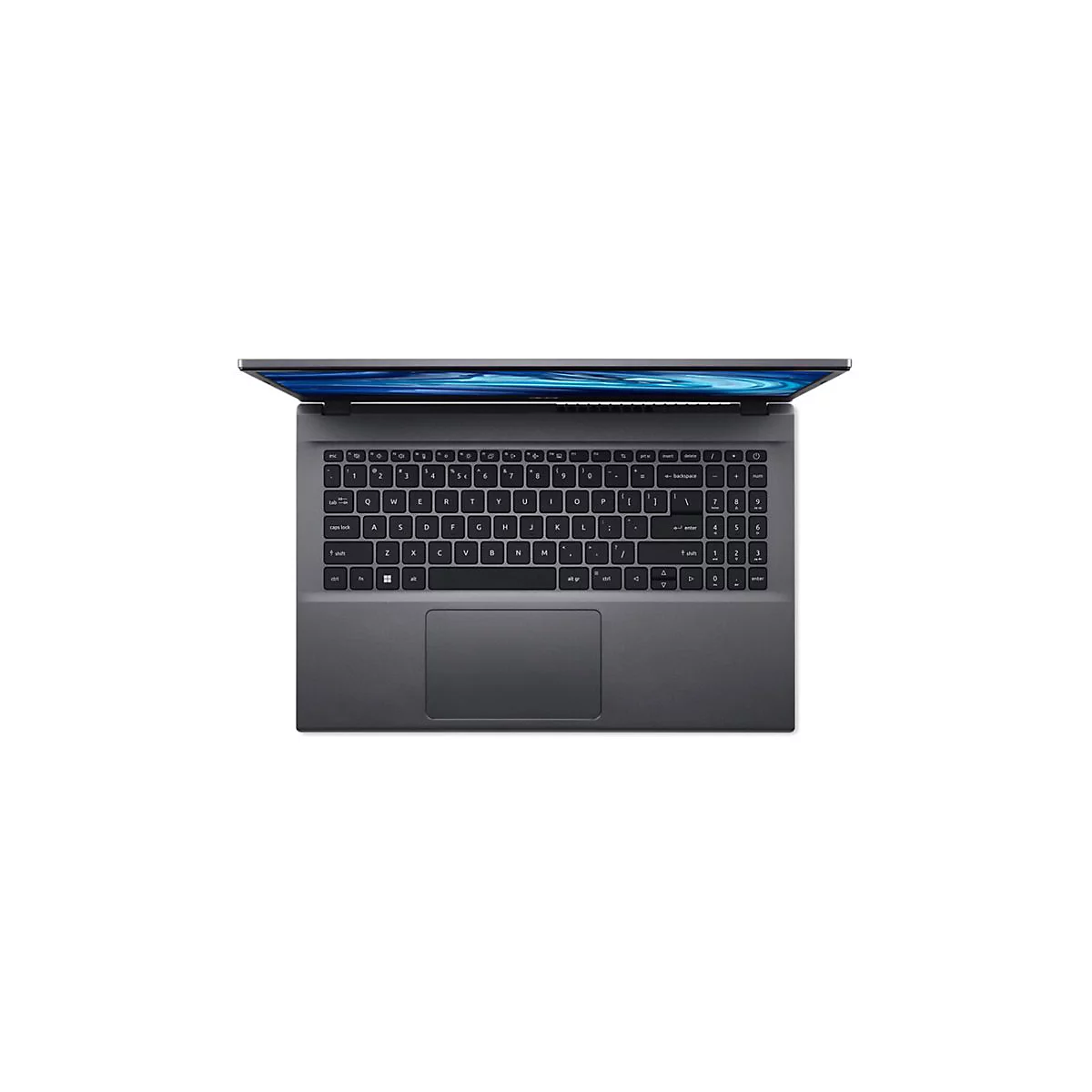 Draufsicht auf einen grauen Laptop mit geÃ¶ffnetem Bildschirm. Die Tastatur ist schwarz, das Display zeigt blaue Wellenmuster.