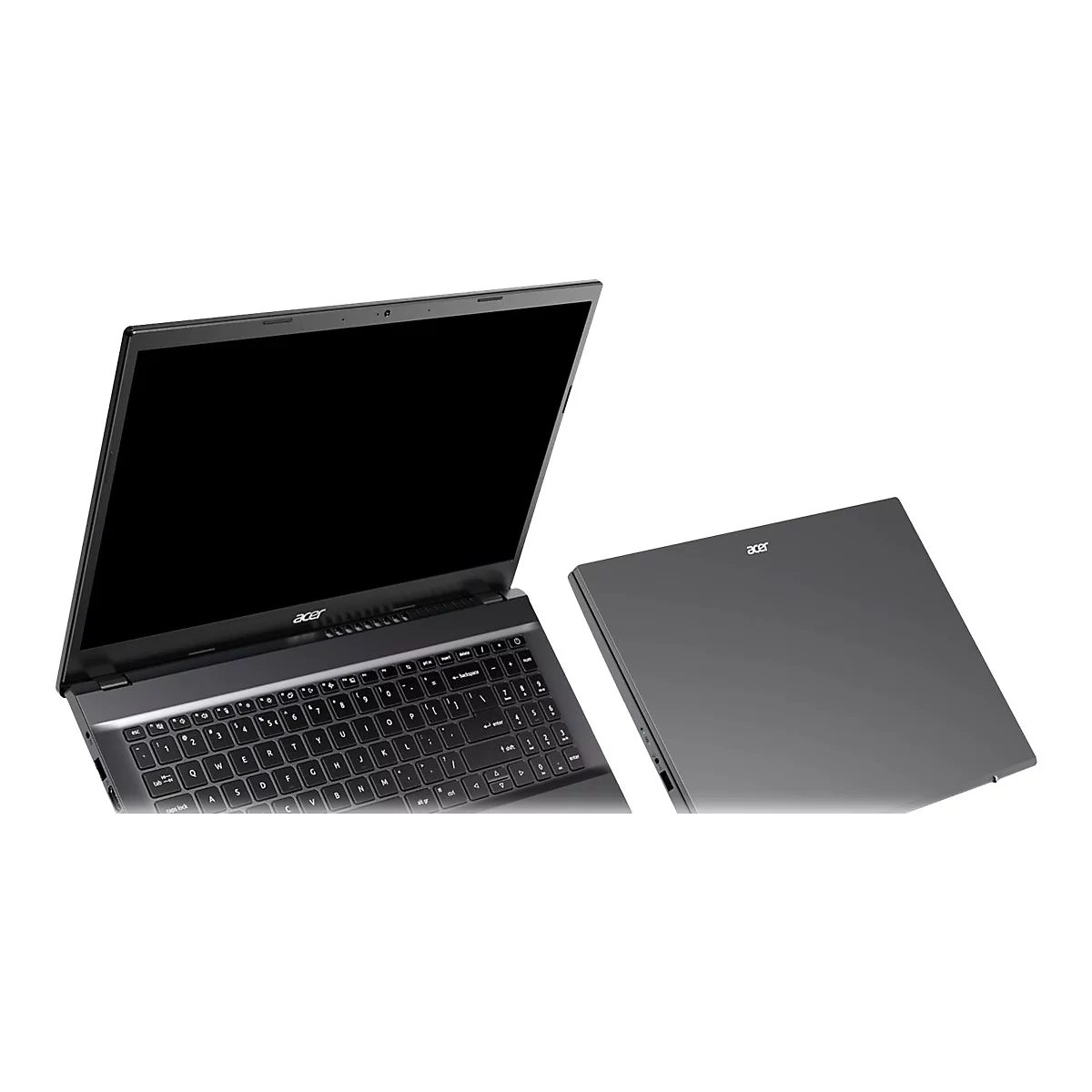 Ein schwarzer Laptop, teilweise geÃ¶ffnet, neben einem geschlossenen Laptop, beide vor weiÃŸem Hintergrund. Das Acer-Logo ist sichtbar.