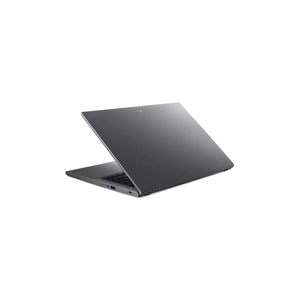 Grauer Laptop, leicht geÃ¶ffnet, auf weiÃŸem Hintergrund.