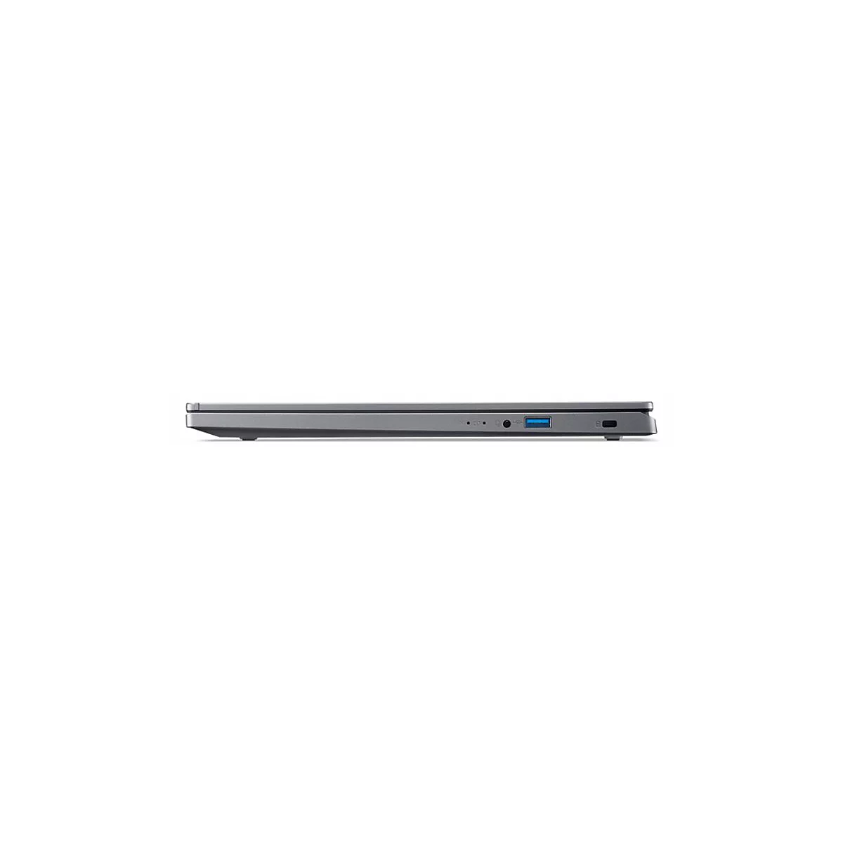 Grauer Laptop, Seitenansicht, gegen weiÃŸen Hintergrund. Sichtbar: USB-Anschluss, KopfhÃ¶reranschluss und Einschaltknopf.