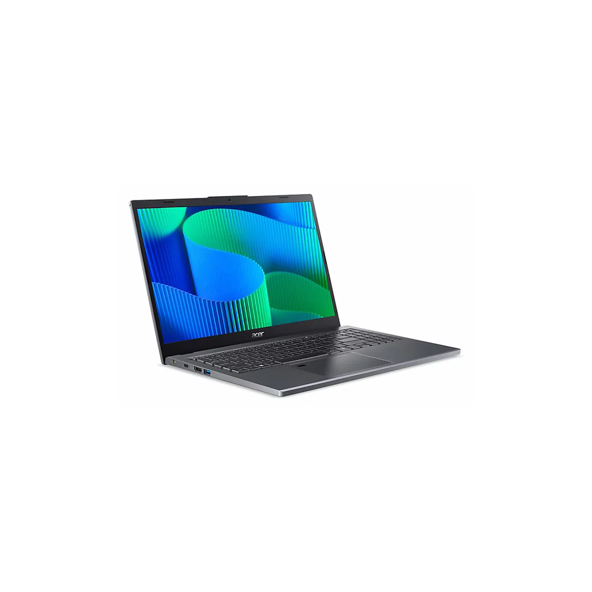 Ein geÃ¶ffneter grauer Laptop vor weiÃŸem Hintergrund. Auf dem Bildschirm ist ein blau-grÃ¼nes Muster zu sehen.