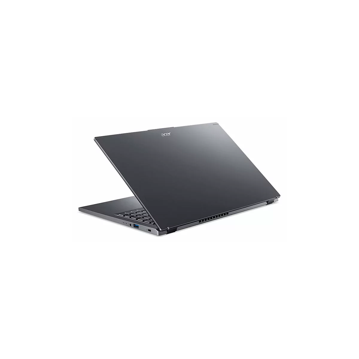 Dunkelgrauer Laptop von Acer, geÃ¶ffnet auf weiÃŸem Hintergrund. Das Acer-Logo ist auf der Oberseite sichtbar.