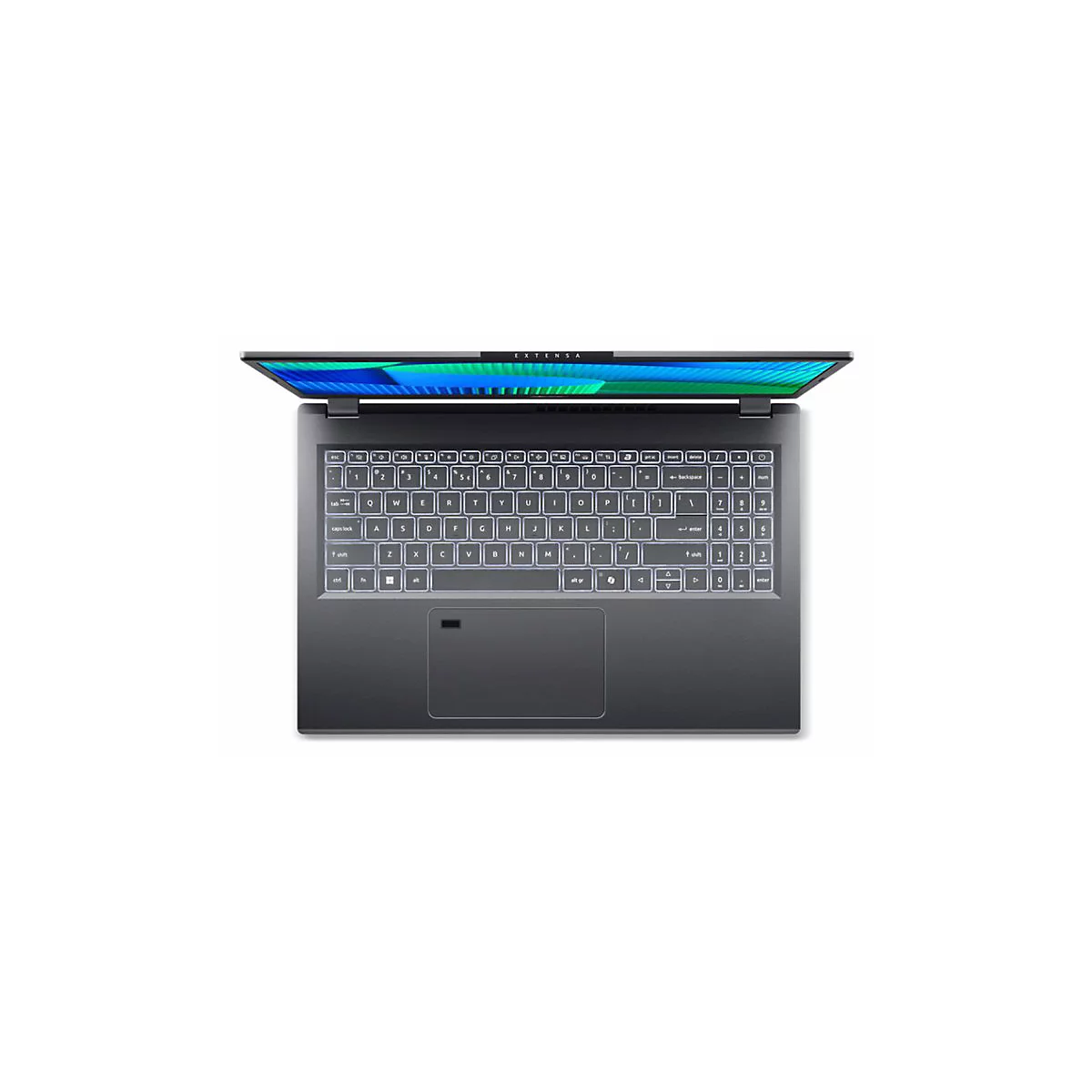 Draufsicht auf einen Laptop. Die Tastatur und der Bildschirm sind sichtbar. Der Bildschirm zeigt blaue und grÃ¼ne FarbtÃ¶ne.