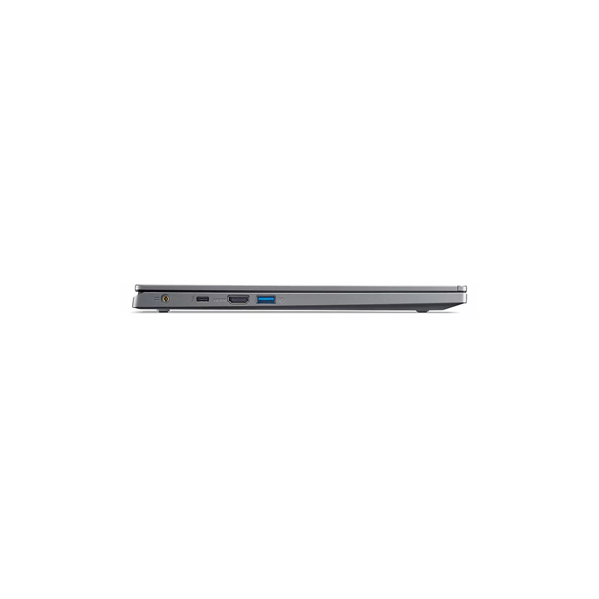 Grauer Laptop, Seitenansicht. Audioanschluss, USB-C, HDMI, USB-A.