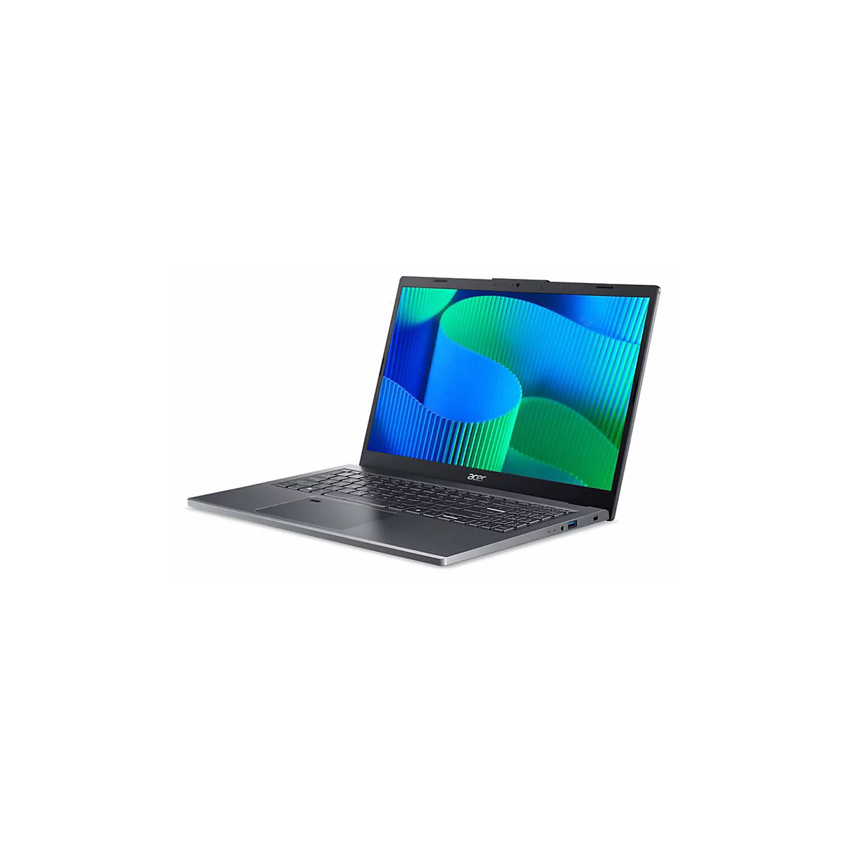 Grauer Laptop im Winkel, Bildschirm mit blau-grÃ¼nen Wellen. Schwarze Tastatur und silbernes Acer-Logo.