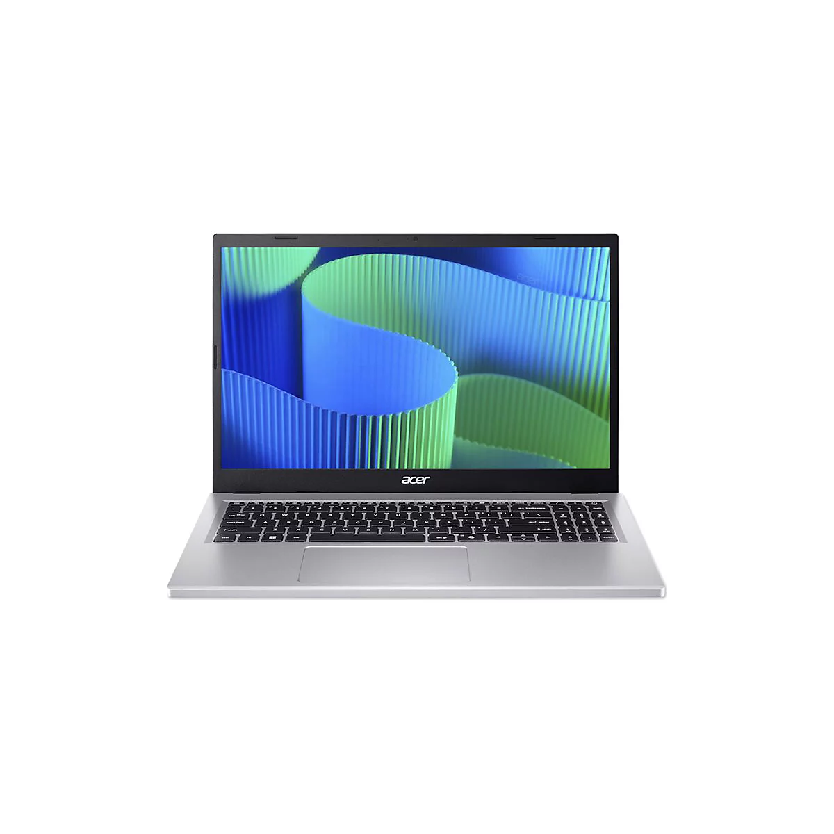Silberner Laptop, offen, Display mit blau-grünen Wellenmuster. Acer-Logo unten. Tastatur und Touchpad sichtbar.