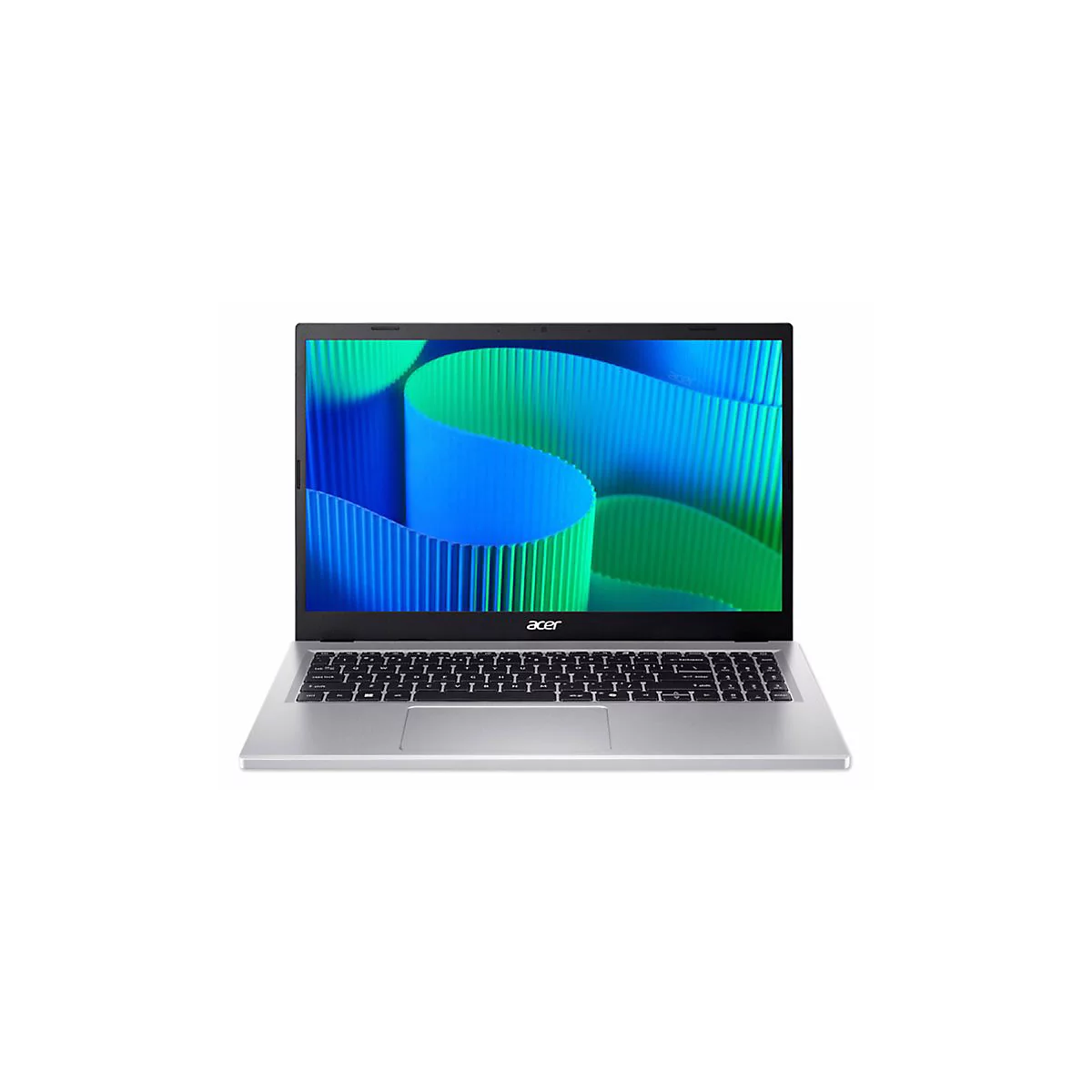 Silberner Laptop mit geöffnetem Bildschirm, auf dem blaue und grüne Wellenmuster zu sehen sind. Die Tastatur ist schwarz.