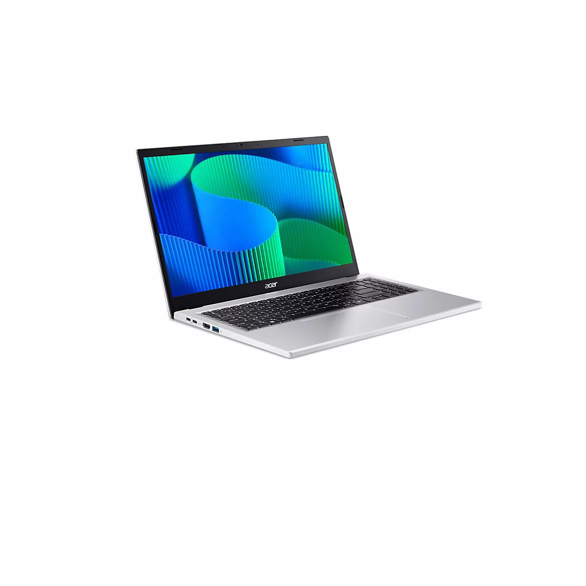 Silberner Laptop, geöffnet, Bildschirm mit blau-grünem Muster, Acer-Logo.