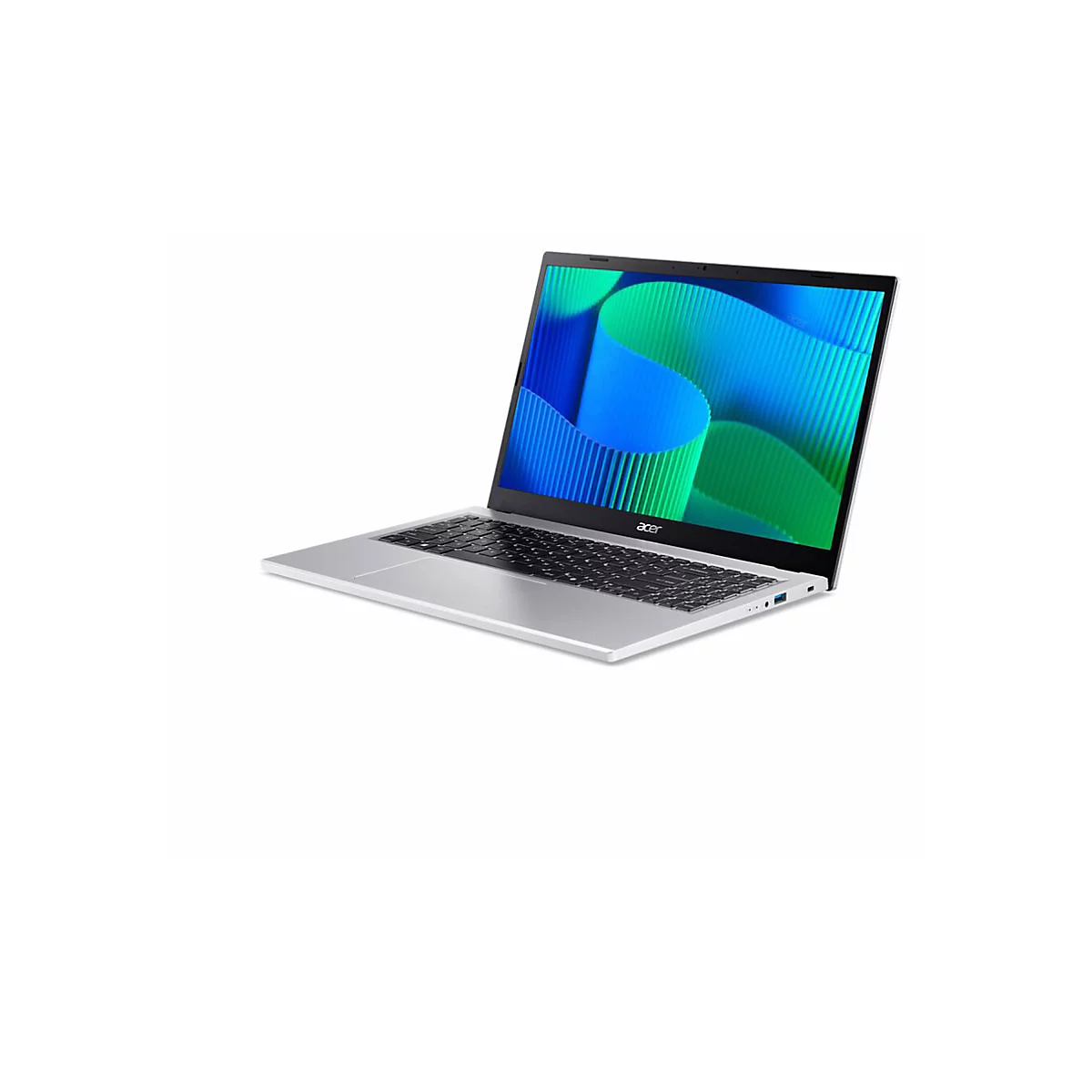 Silberner Laptop mit schwarzer Tastatur und blau-grünem Bildschirmhintergrund. Das Acer-Logo ist sichtbar.