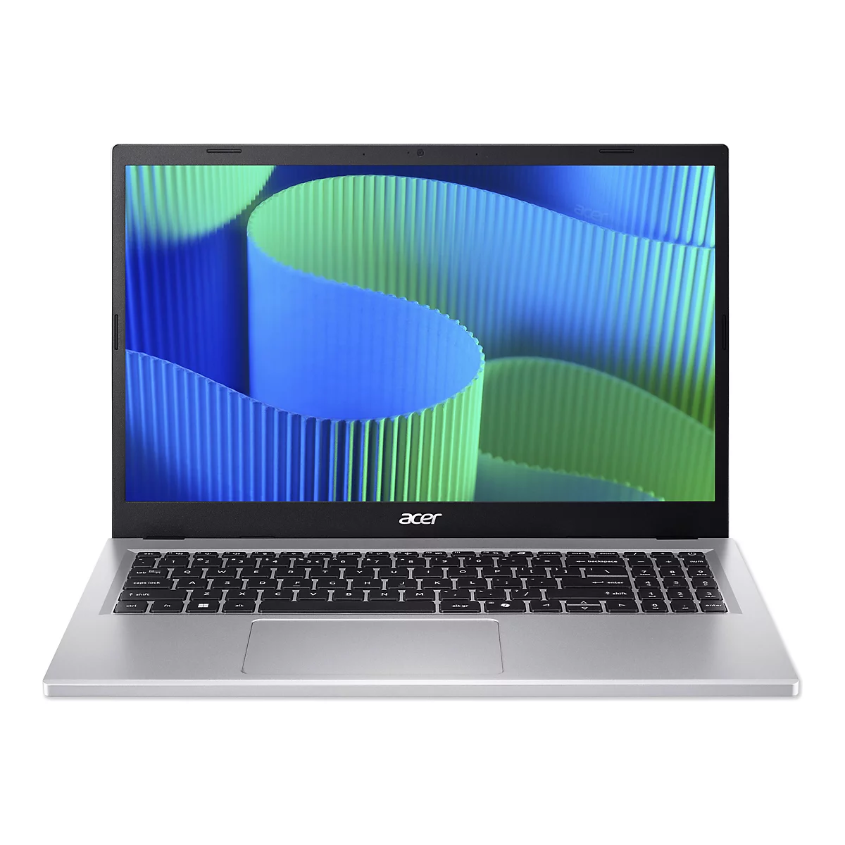 Ein silberner Laptop, geöffnet auf einem Tisch. Auf dem Bildschirm sind blaue und grüne Wellenmuster zu sehen. Darunter befindet sich eine Tastatur mit schwarzen Tasten. Das Acer Logo ist auf dem Bildschirmrahmen zu sehen.