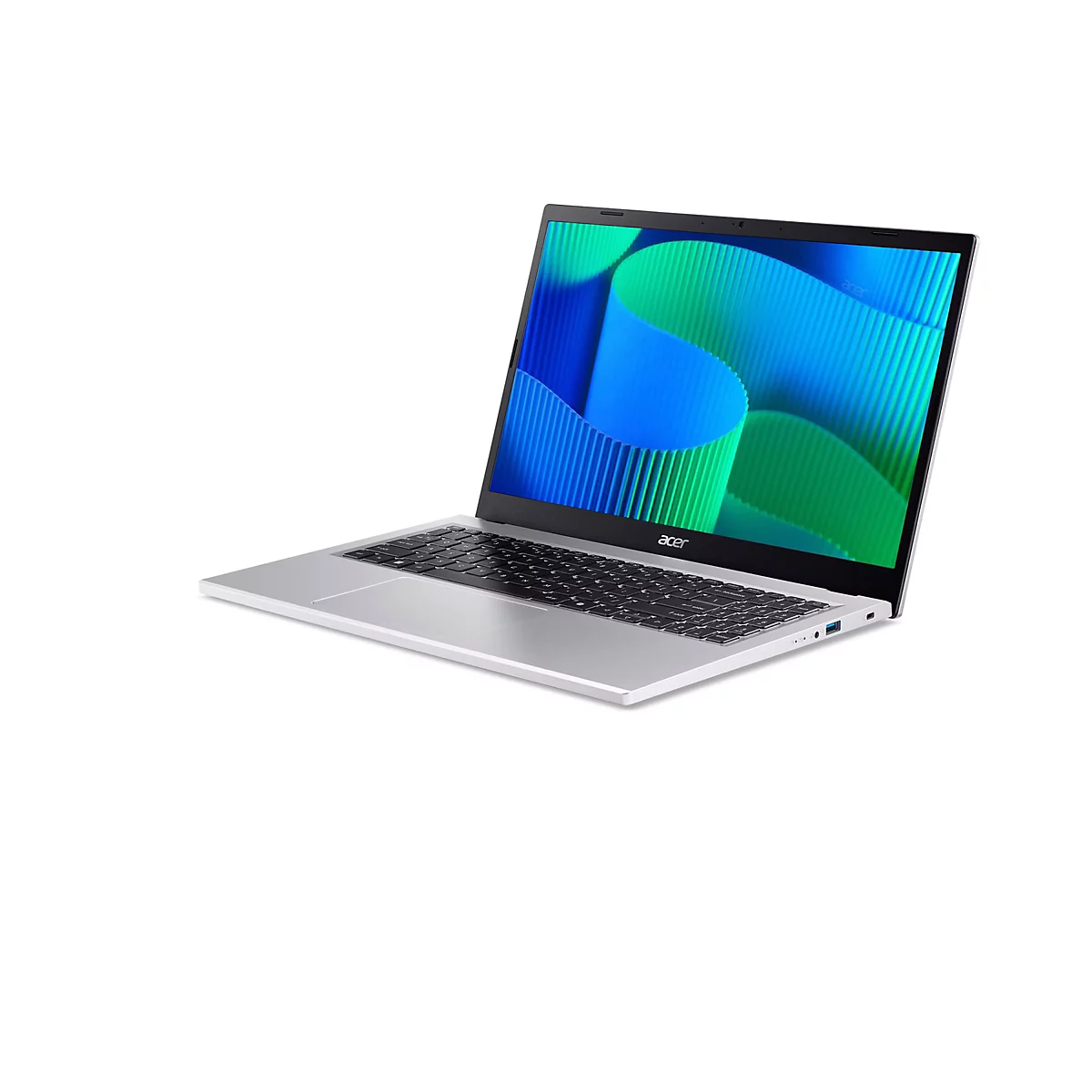 Ein silberner Laptop, halb geöffnet, auf weißem Hintergrund. Der Bildschirm zeigt blaue und grüne Wellen, das Acer-Logo ist sichtbar.