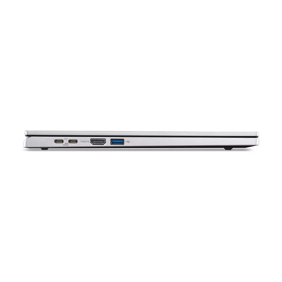 Seitenansicht eines silbernen Laptops mit Anschlüssen für USB-C, HDMI und USB-A vor weißem Hintergrund.