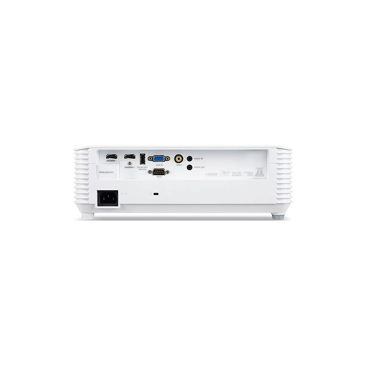 Rückansicht eines weißen Projektors mit zahlreichen Anschlüssen wie HDMI, VGA, Audio und USB.