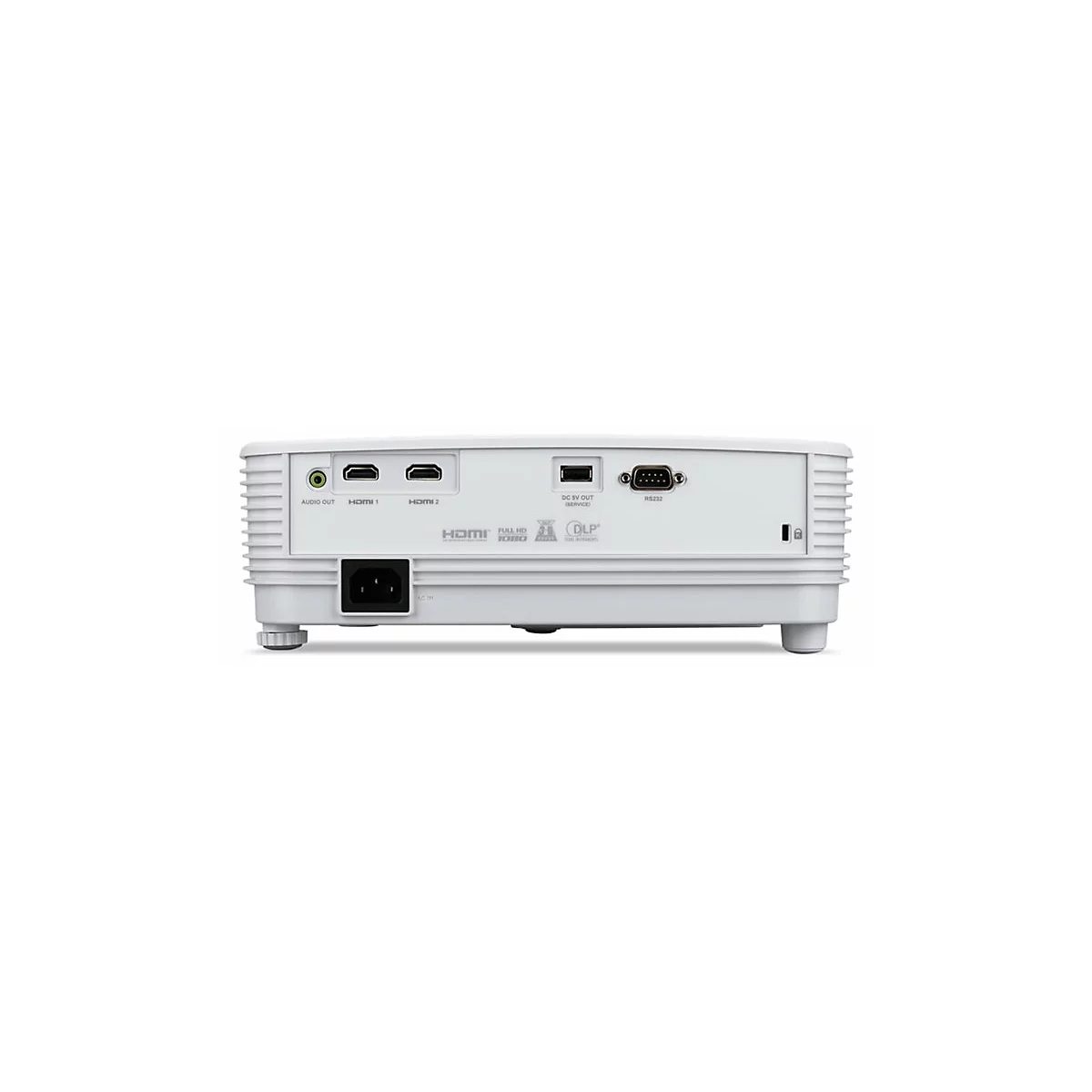 Rückseite eines weißen Projektors mit HDMI-, Audio-, USB- und RS232-Anschlüssen sowie Stromanschluss.