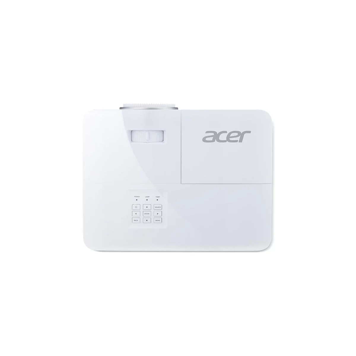 Draufsicht auf einen weißen Acer-Projektor mit Bedienfeld und Fokus-Rad vor neutralem Hintergrund.
