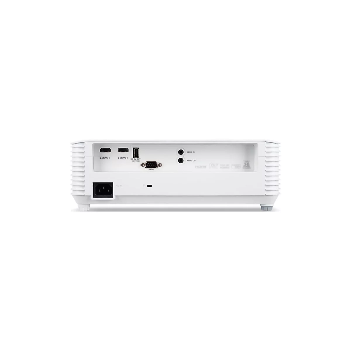Die Rückseite eines weißen Projektors mit verschiedenen Anschlüssen wie HDMI, USB, Audio In/Out und RS232.