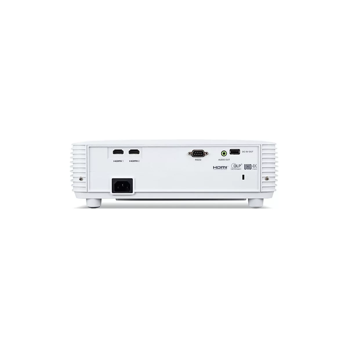 Rückseite eines weißen 4K-Projektors mit HDMI-, Audio- und Stromanschlüssen auf weißem Hintergrund.