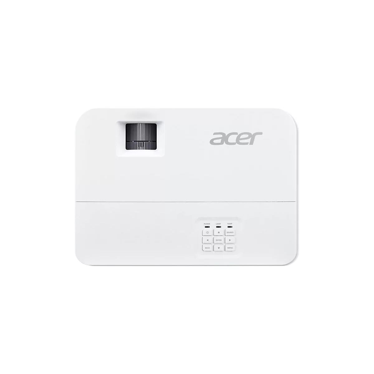 Draufsicht eines weißen Acer-Projektors mit Fokusring links oben und Tastenfeld rechts unten.