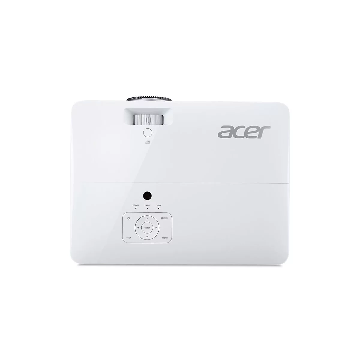 Acer Beamer in weißer Farbe, Draufsicht mit Bedienfeld und Acer-Logo.