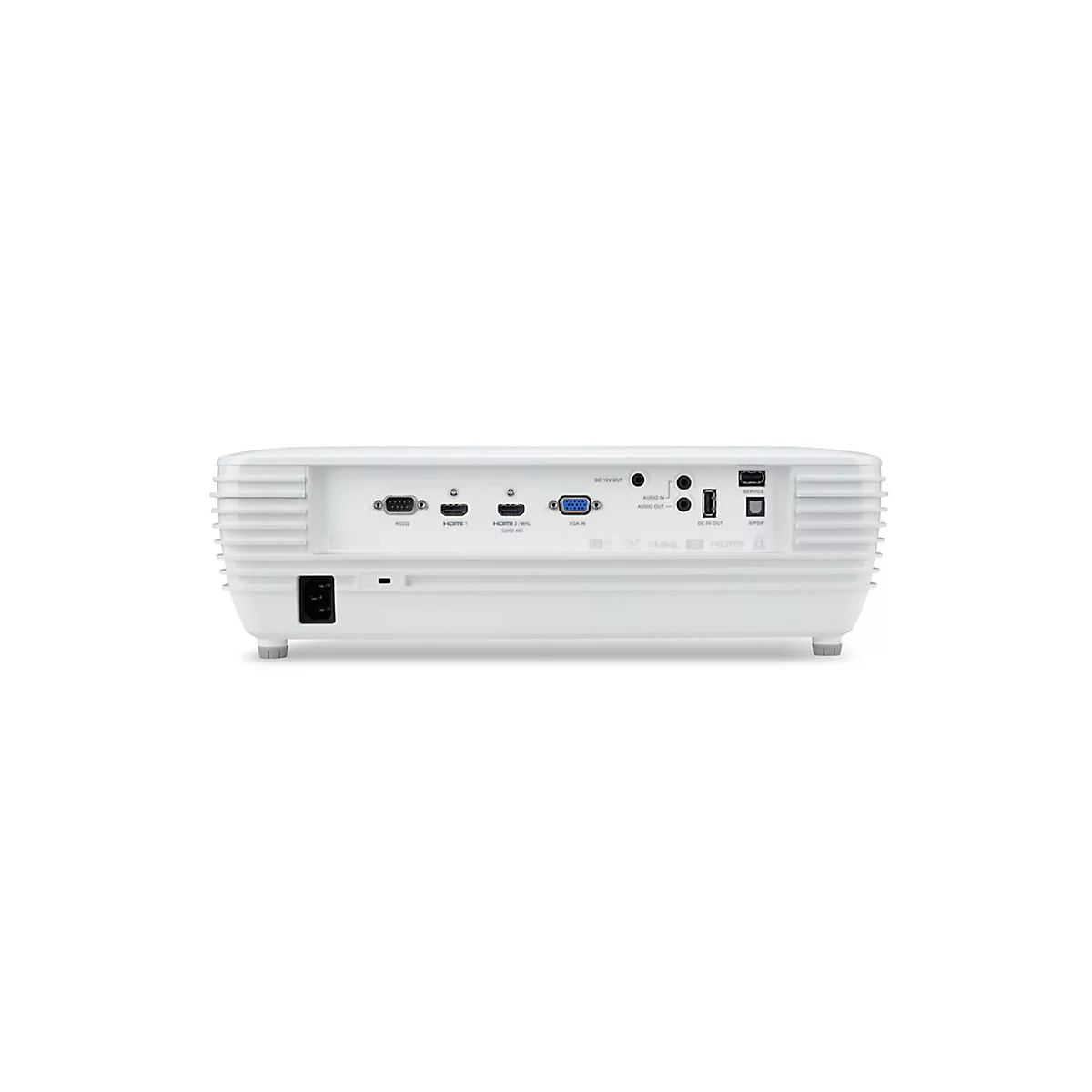 Rückseite eines weißen Projektors mit zahlreichen Anschlüssen wie HDMI, VGA und Audio auf weißem Grund.