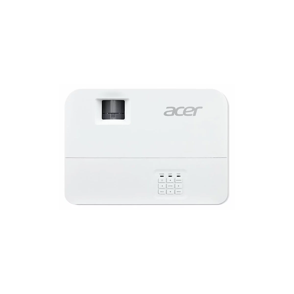 Draufsicht eines weißen Acer-Projektors mit Bedienelementen und Objektiv vor weißem Hintergrund.