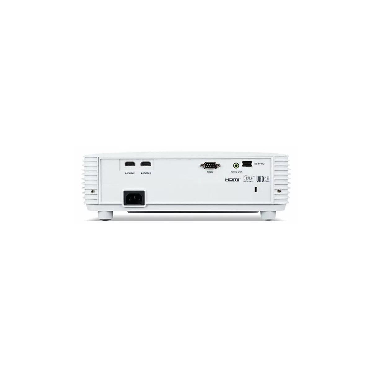 Die Rückseite eines weißen Projektors mit HDMI-, RS232-, Audio-Ausgangs- und USB-Anschlüssen sowie Stromanschluss.