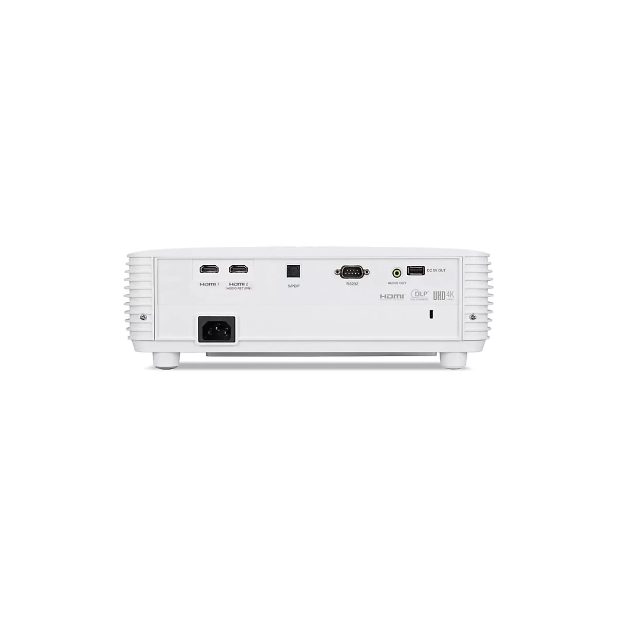Rückseite eines weißen Projektors mit verschiedenen Anschlüssen wie HDMI, S/PDIF, RS232 und Audioausgang.