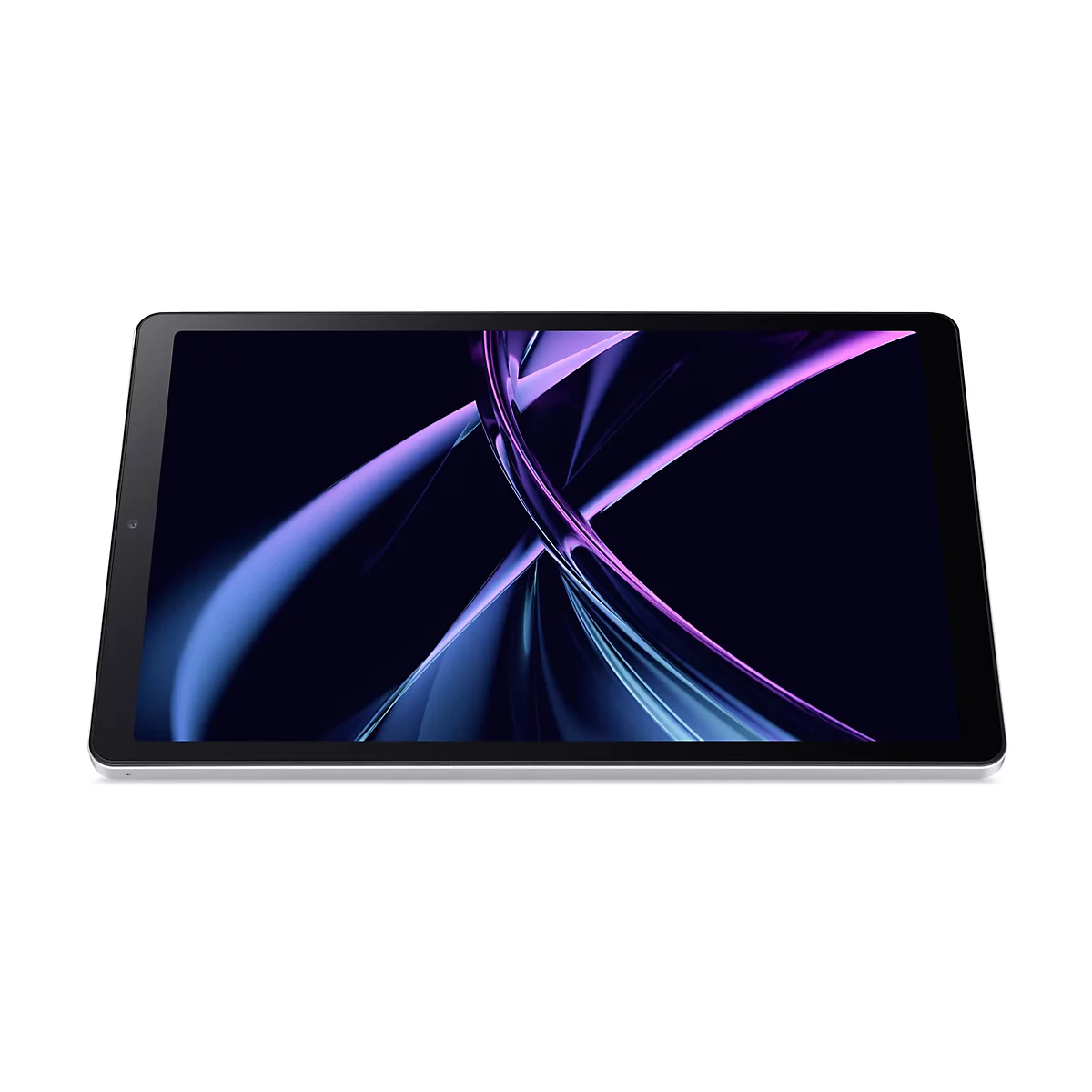 Ein Tablet-PC auf weißem Hintergrund mit lila und blauen dynamischen Linien auf dem Bildschirm.