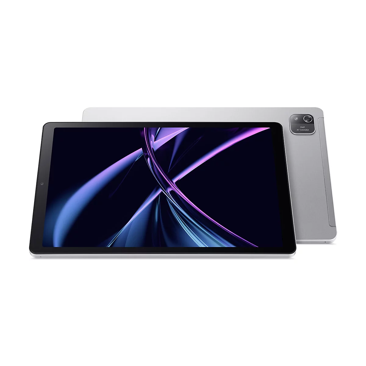 Ein silberfarbenes Tablet mit schwarzem Bildschirm, der ein abstraktes lila und blaues Design zeigt. Das Tablet liegt vor einem weiteren Tablet, das aus der Perspektive herausragt.