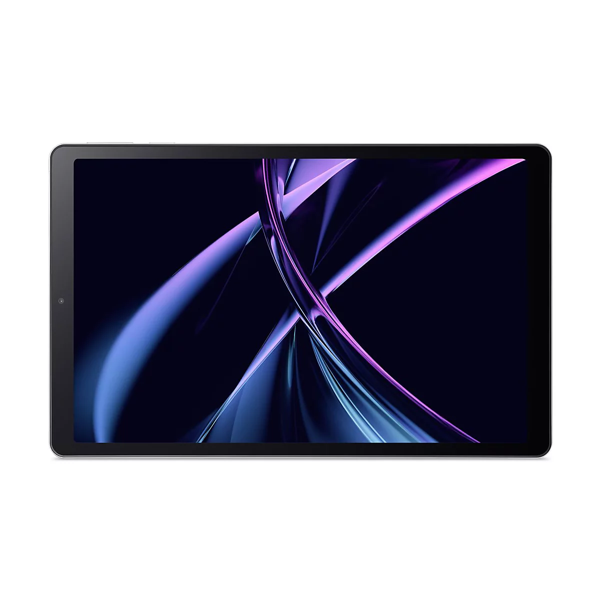 Schwarzes Tablet, Display mit abstrakter, geschwungener Grafik in Lila und Blau. Grauer Rahmen, schwarze Einfassung, Kamera.