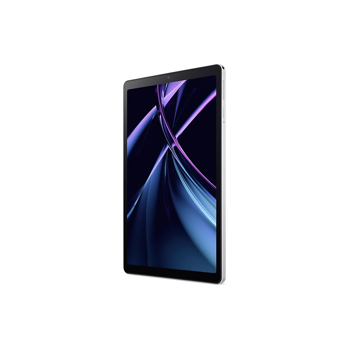 Ein Tablet-PC in Seitenansicht, silberner Rahmen, dunkler Bildschirm mit abstrakter Grafik.