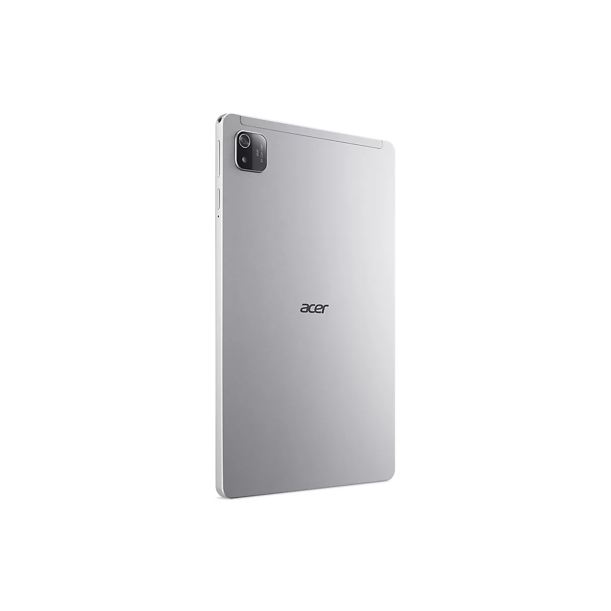 Ein silbernes Acer Tablet vor weißem Hintergrund. Rückseite mit Kamera, Acer-Logo.