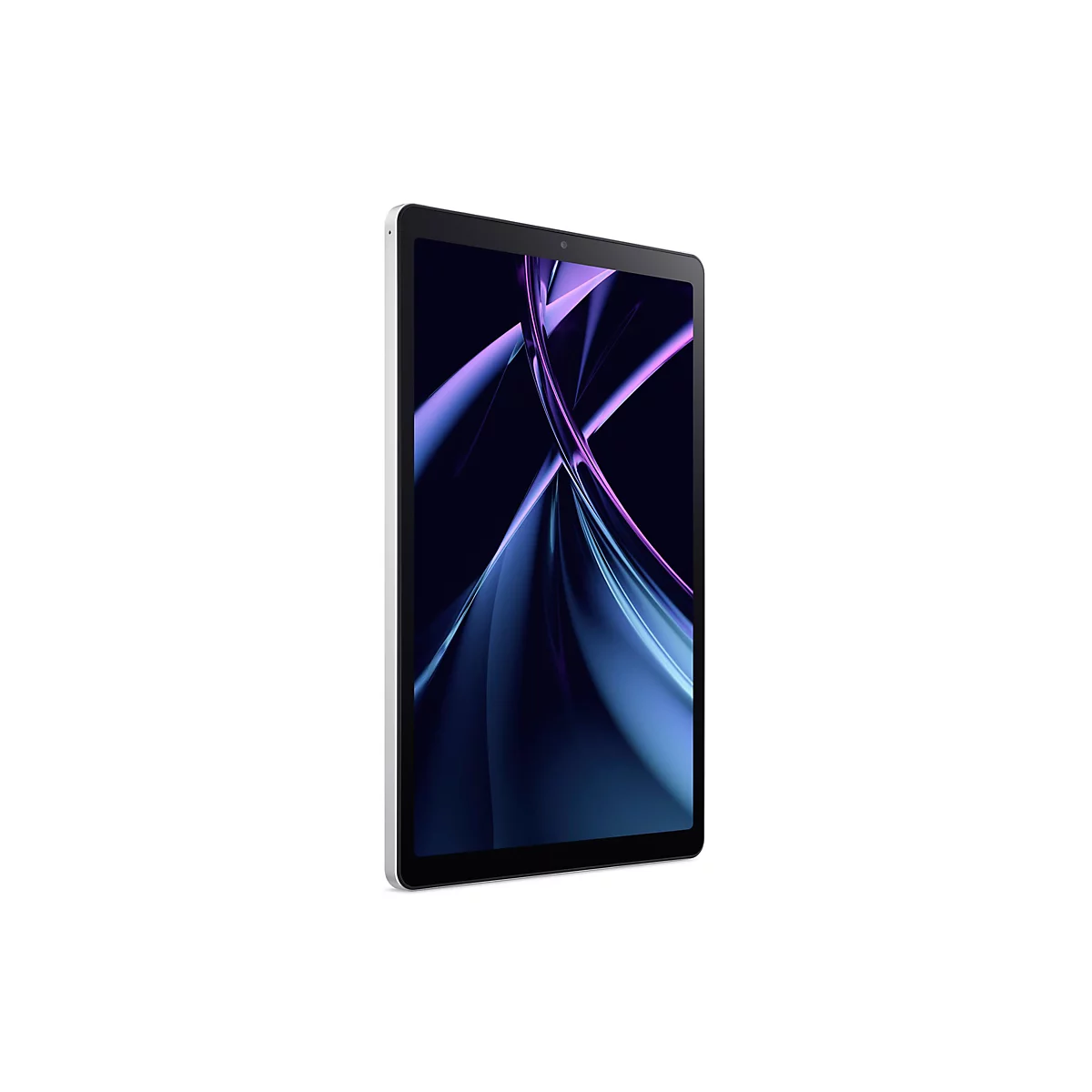 Ein Tablet, das in einem leichten Winkel vor einem weißen Hintergrund steht. Auf dem Bildschirm ist ein abstraktes, farbenfrohes Muster zu sehen.