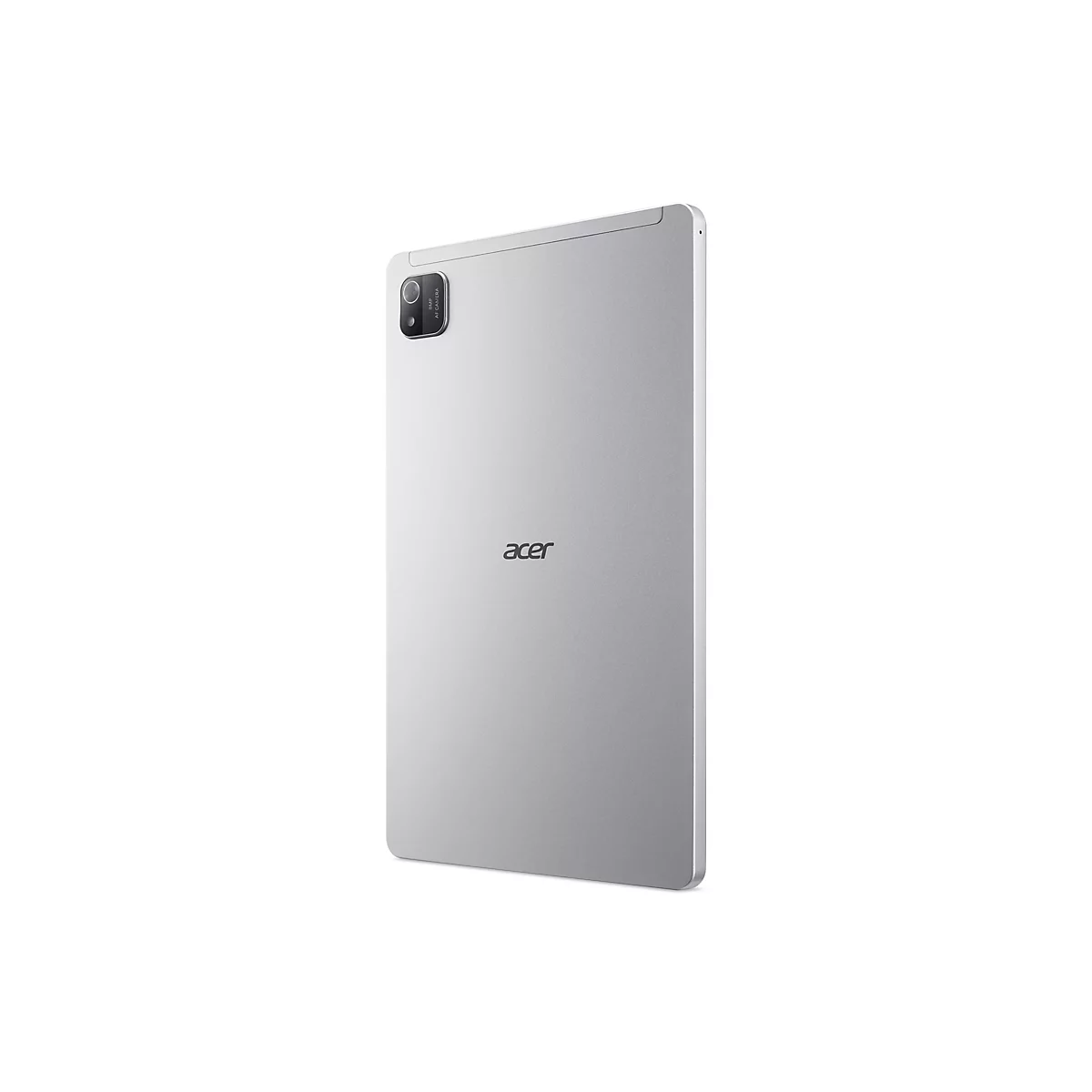 Silbernes Tablet von Acer. Rückseite des Tablets in Nahaufnahme, Kamera oben links.
