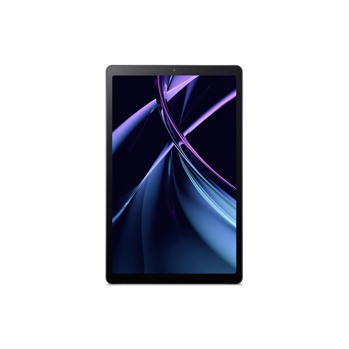 Schwarzes Tablet mit großem Bildschirm, abgebildet vor weißem Hintergrund. Auf dem Display wird ein blau-violetter, abstrakter Hintergrund gezeigt.