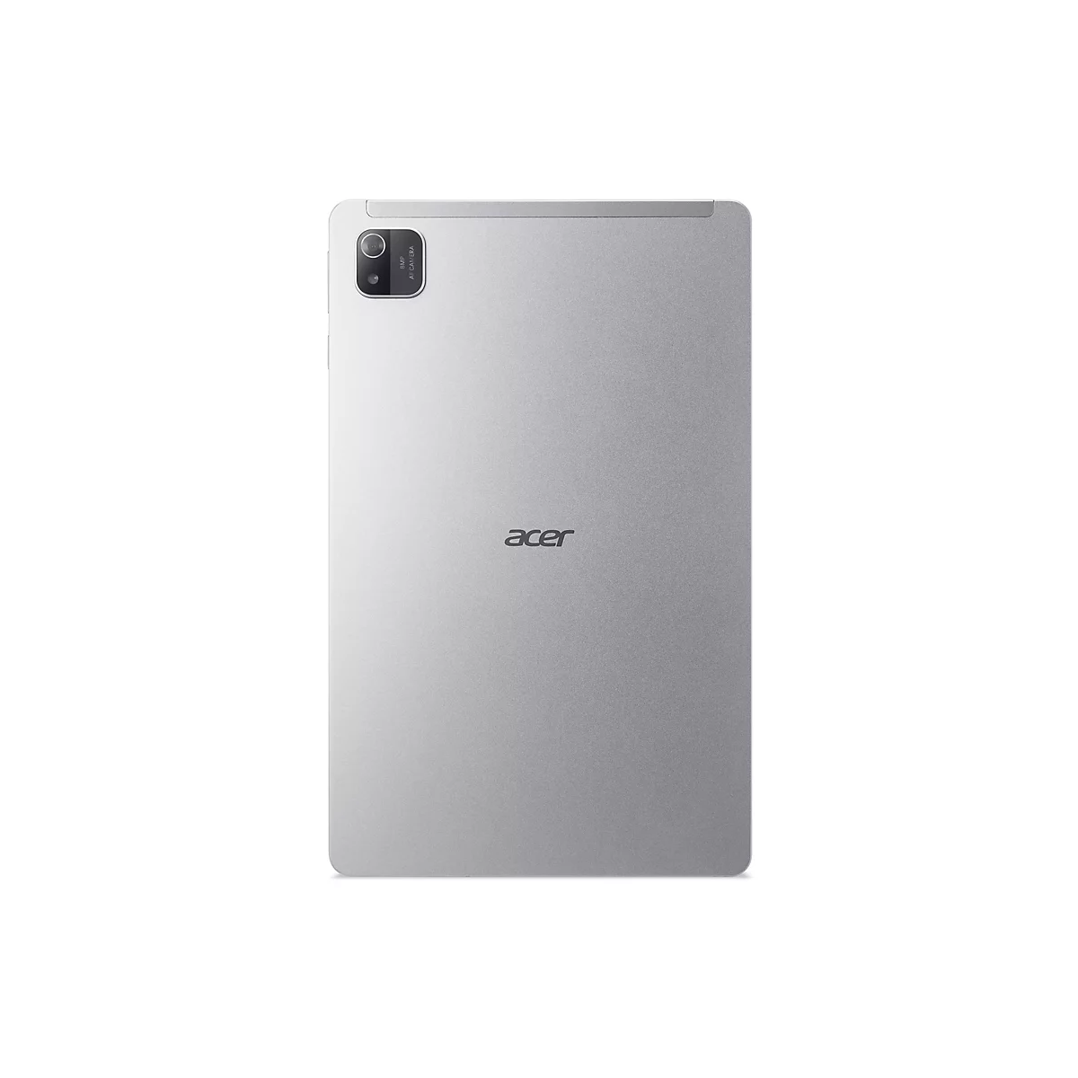 Graues Acer Tablet vor weißem Hintergrund. Auf der Rückseite befindet sich die Kamera, ein Acer-Schriftzug ist mittig platziert.