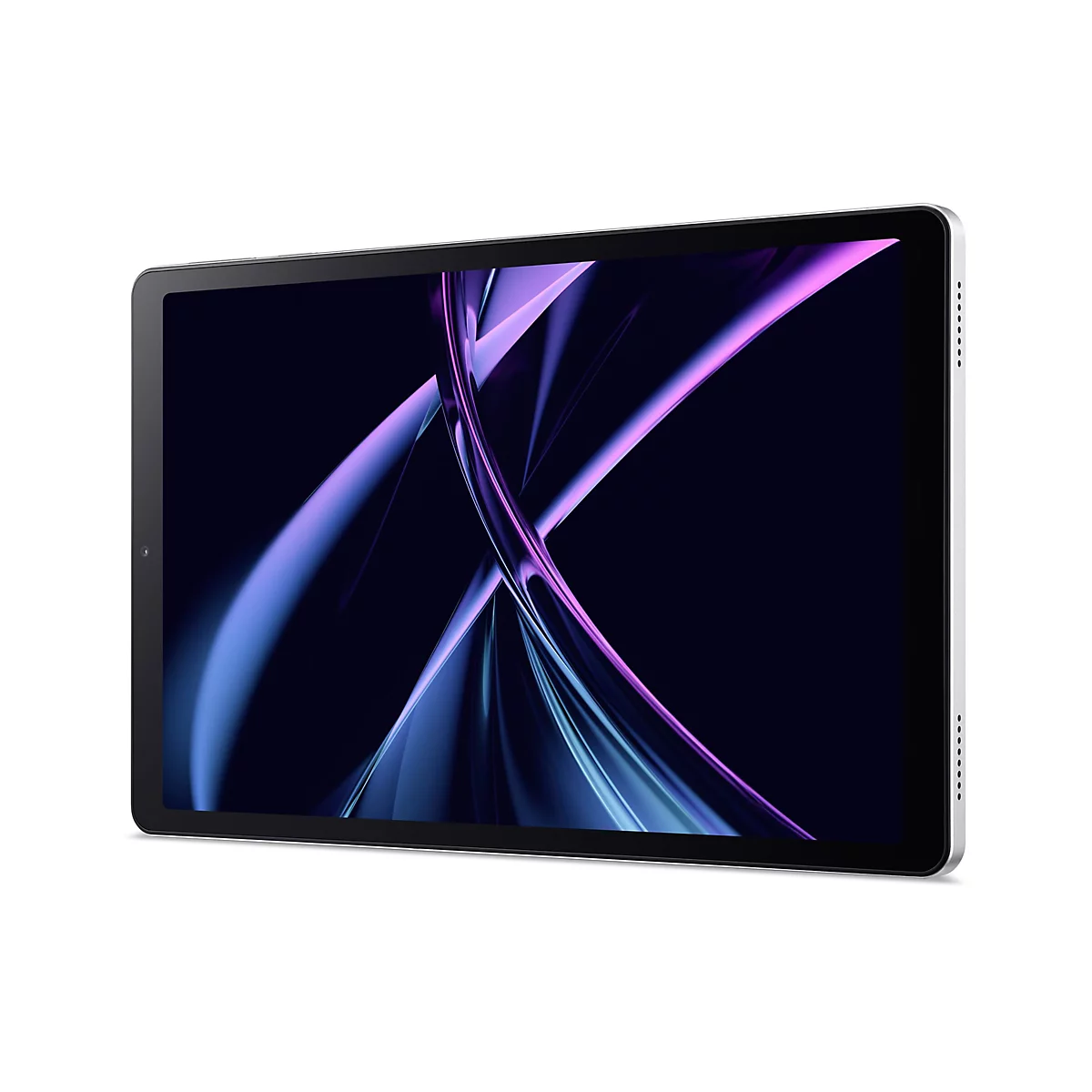 Ein Tablet-PC mit einem dunklen, abstrakten Hintergrund in Blau und Pink, das Gerät ist leicht angewinkelt.