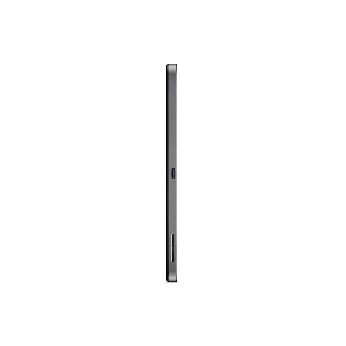 Ein graues Tablet im Seitenprofil vor weißem Hintergrund. Es zeigt einen schmalen Rahmen, eine Kamera und Anschlüsse.