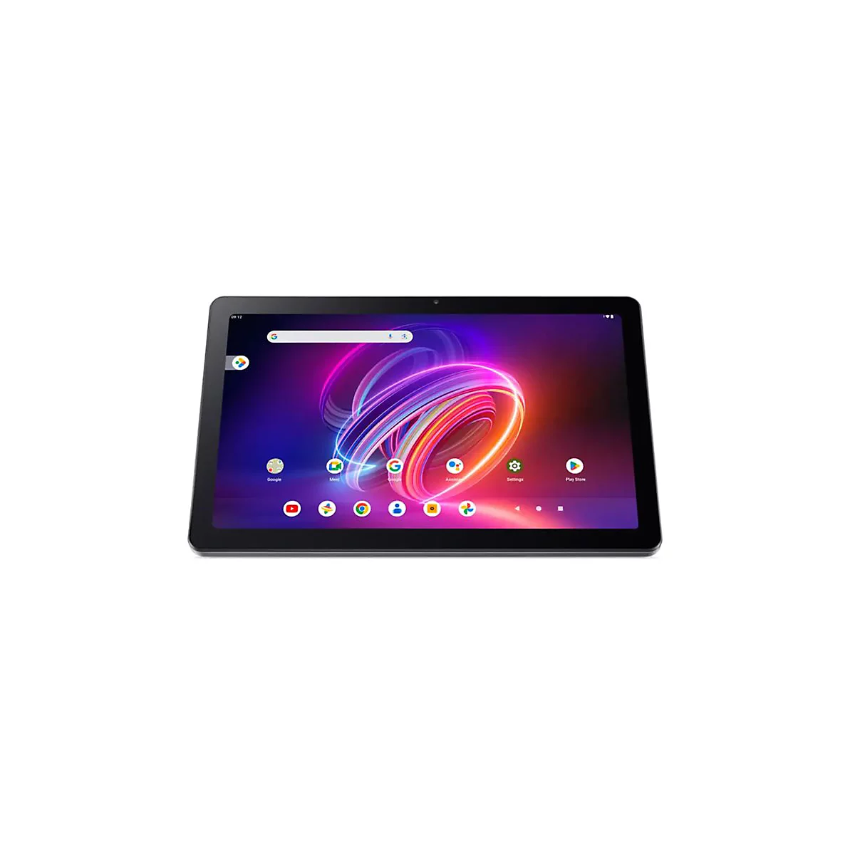 Ein schwarzes Tablet auf weißem Hintergrund. Auf dem Bildschirm sind App-Symbole und Suchleiste zu sehen.