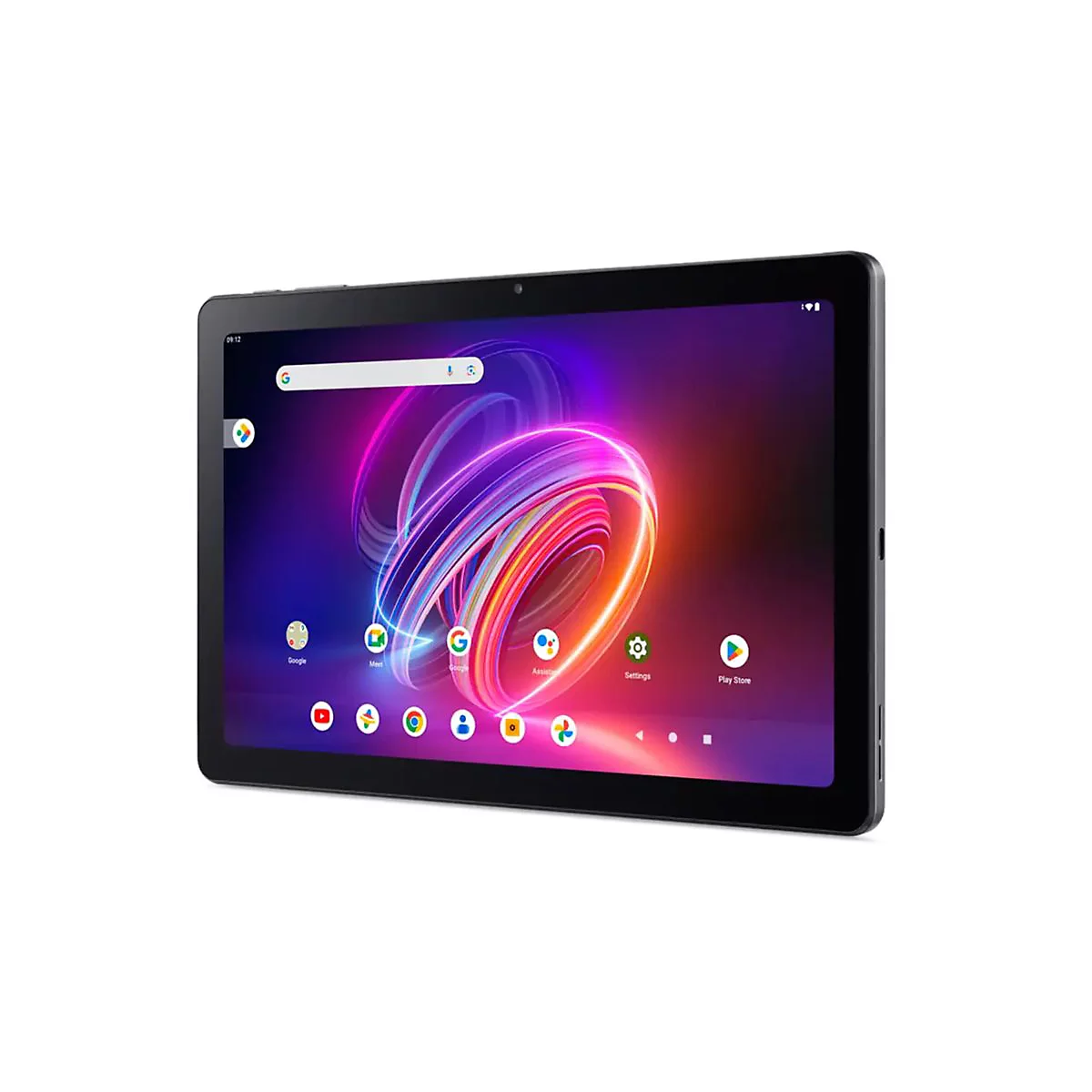 Schwarzes Tablet, eingeschaltet, zeigt Startbildschirm mit Apps und Google-Suchleiste.