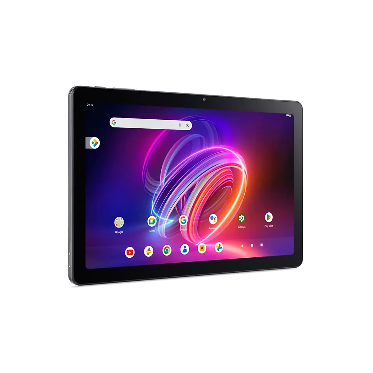 Schwarzes Tablet in Schrägansicht, Display zeigt Google Oberfläche mit App Icons. Auf dem Bildschirm ist ein farbenfrohes, abstraktes Design zu sehen.
