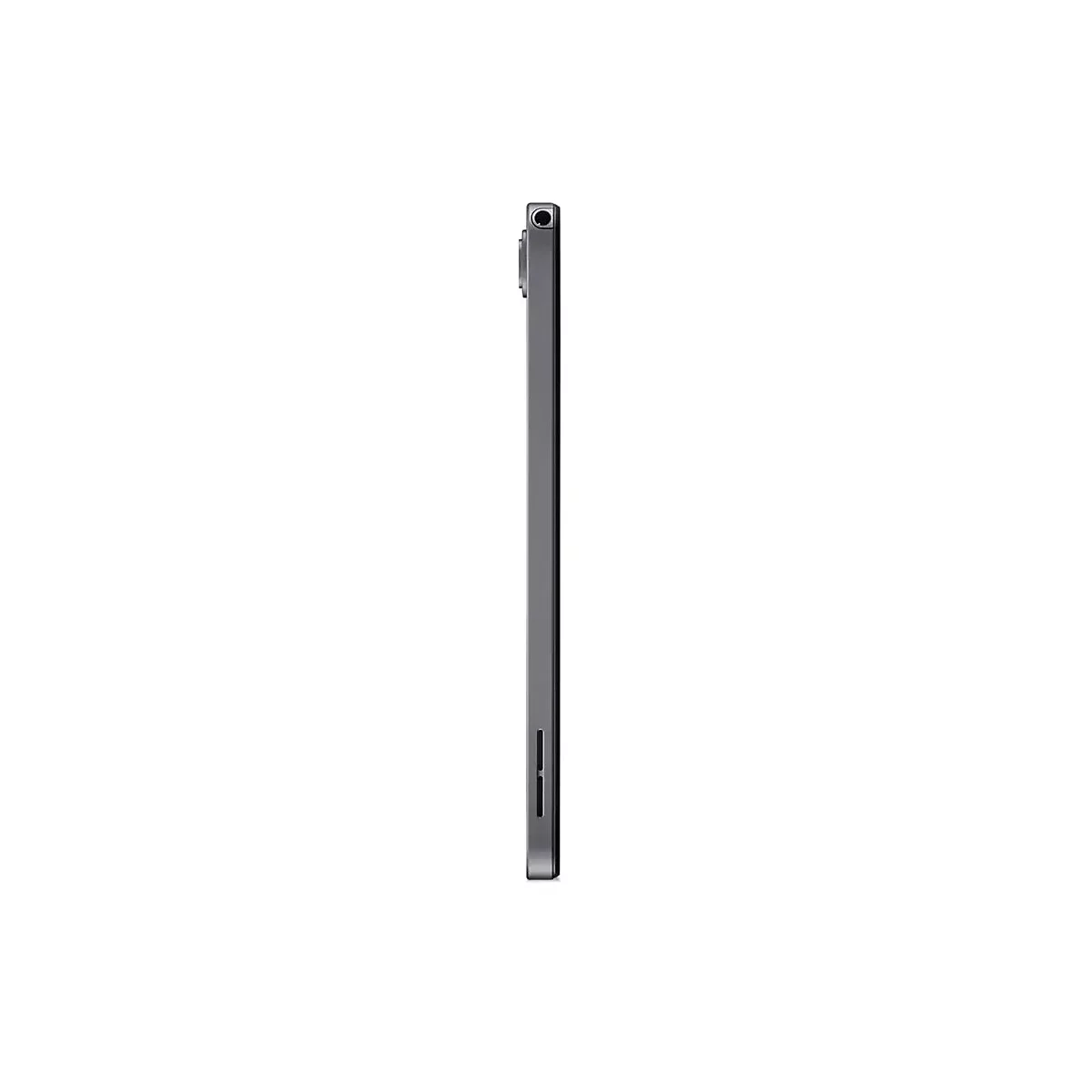Dunkelgraues Tablet im Profil, auf weißem Hintergrund. Die Kanten sind abgerundet, oben befindet sich eine Kamera.